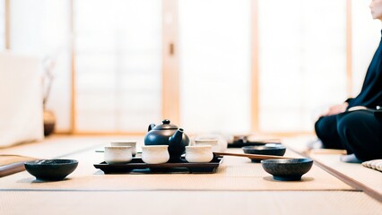 Traditional Japanese tea ceremony setup featuring a black teapot, ceramic cups, and a tatami mat, creating a serene atmosphere for cultural appreciation and mindfulness practice