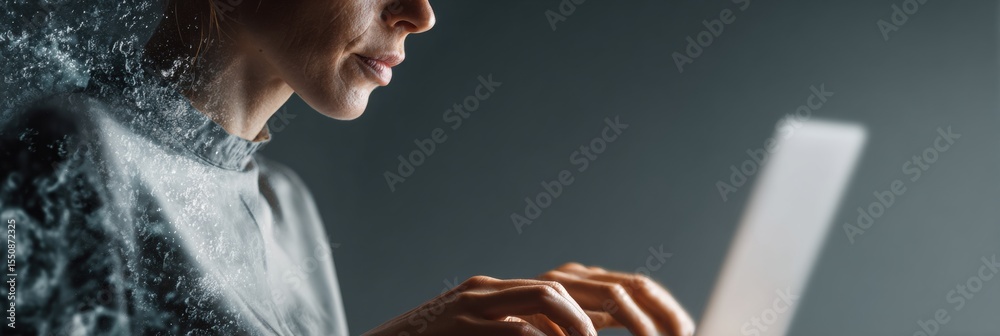 Poster ai ethics businesswoman using laptop with augmented reality digital icons in modern workspace highli