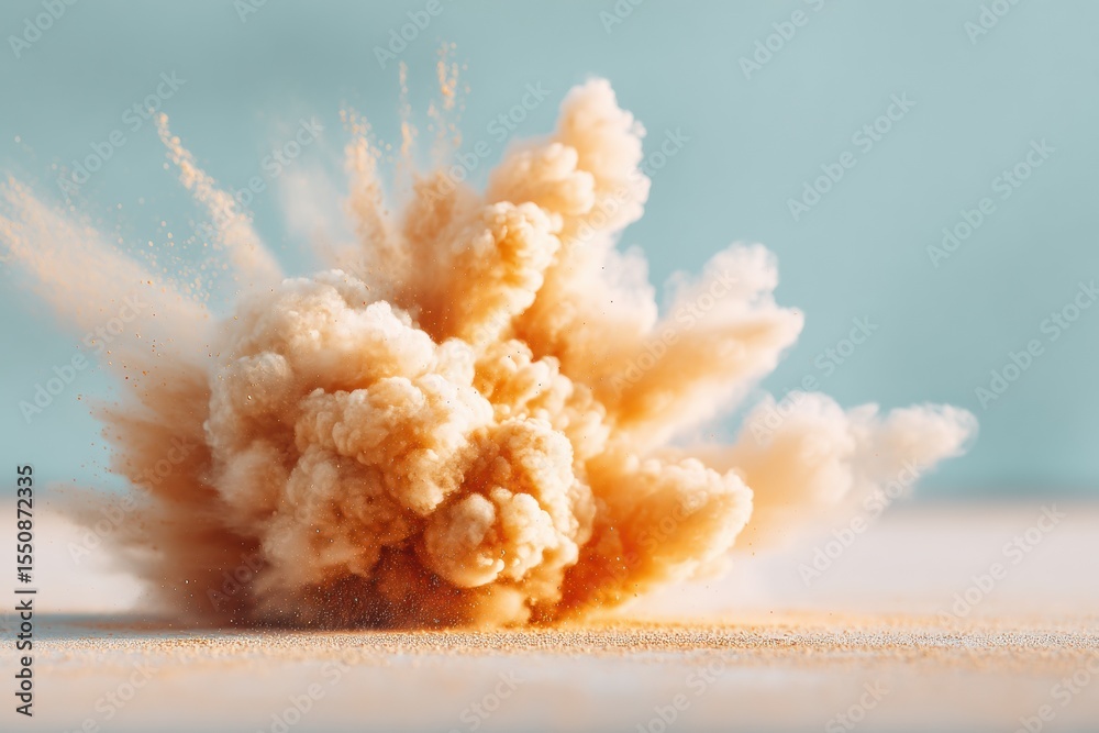 Poster abstract powder burst explosion with fine dust particles midair on neutral background for dynamic cr