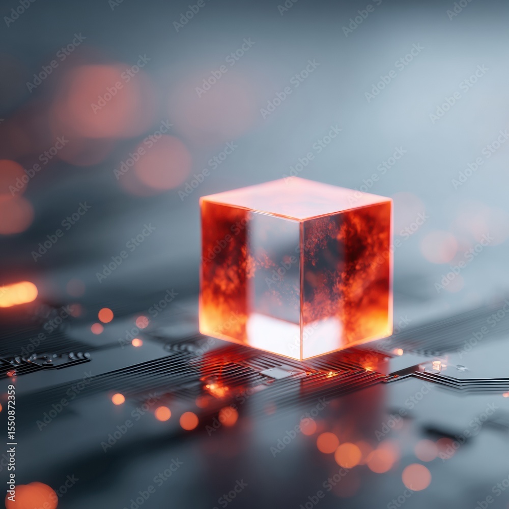 Leinwandbilder Futuristic Glowing Cube on Digital Circuit Board with Dynamic Network Connections for Advanced Technology and Innovation Marketing