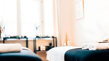 Spa treatment room featuring two massage tables with soft linens, ambient lighting, and candles creating a serene atmosphere for relaxation and wellness