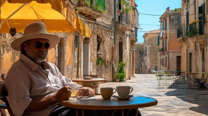 Mature man enjoying a coffee break in a charming Italian village street cafe.