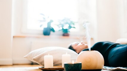 Relaxed woman lying on floor with candles and diffuser, creating a serene atmosphere, surrounded by plants, promoting wellness and mindfulness in a cozy indoor space