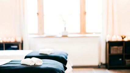 Spa treatment room featuring two massage tables with neatly rolled towels, soft lighting, and a serene atmosphere, inviting relaxation and wellness experiences for clients