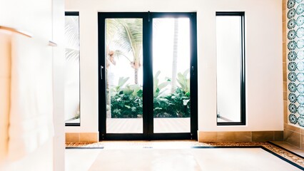 Modern interior space featuring large glass doors opening to a lush tropical garden, with bright natural light illuminating the elegant design and inviting atmosphere
