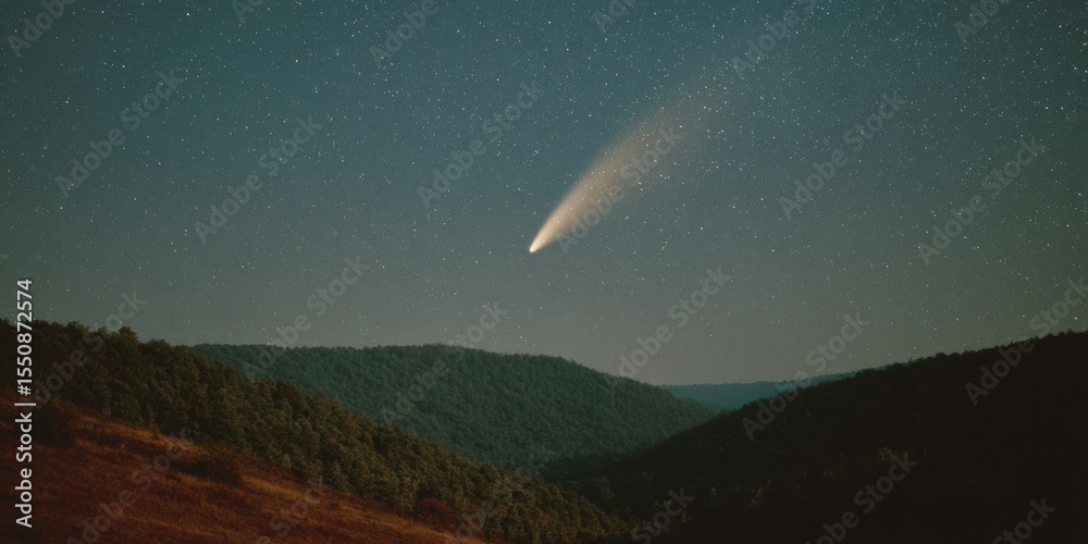 Poster stargazing silhouette of comet c2023 a3 tsuchinshan atlas above rolling hills with milky way, soft n