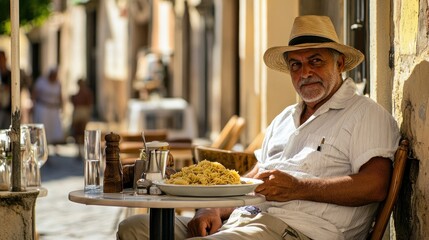 Mature man enjoying a pasta lunch outdoors in a European city street cafe.
