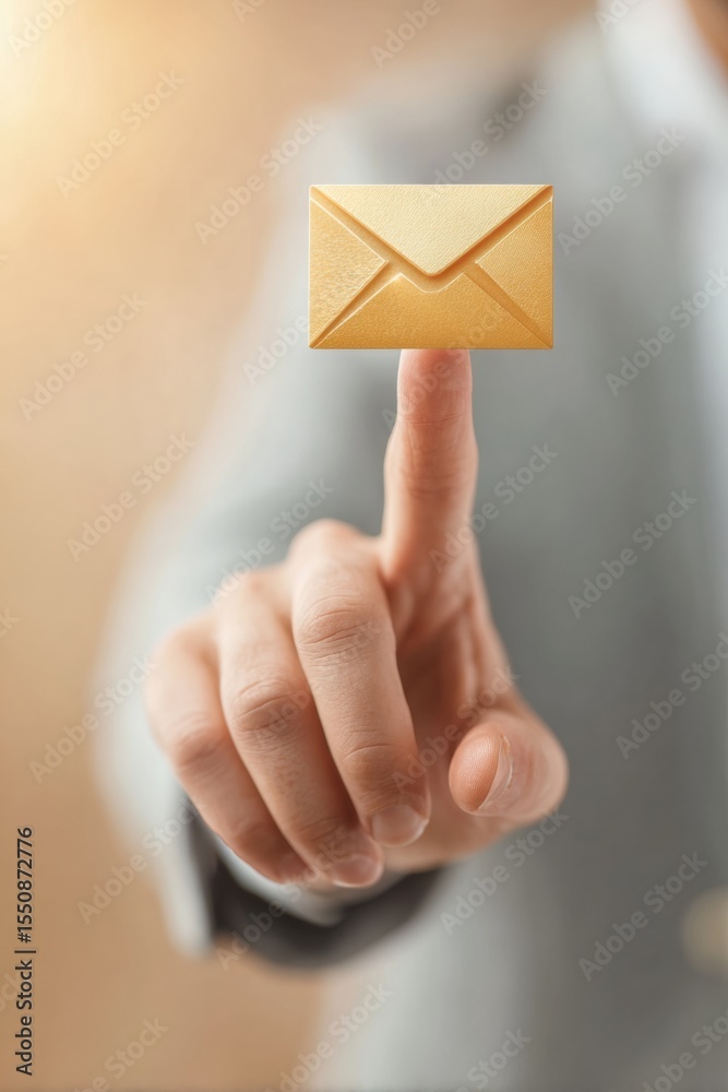Poster business professional pressing digital contact button in modern office with warm golden lighting sym