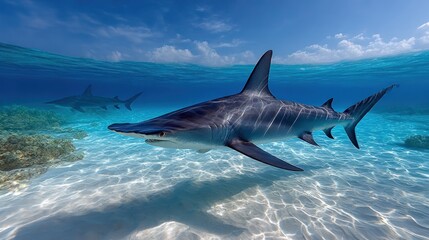 Fototapeta premium Oceanic shark in shallow, sunlit water