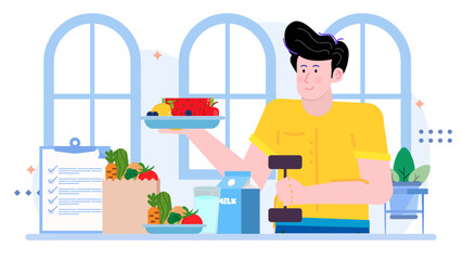 Man maintains health through eating and exercise. Ideal for promoting fitness programs, healthy lifestyle articles, nutrition guides, and wellness blogs.
