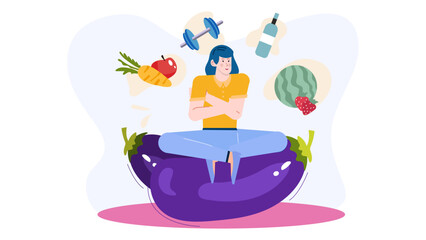 Woman sitting on a giant eggplant, promoting healthy eating and fitness. Ideal for nutrition, food, exercise, wellness concepts. Fitness inspiration.