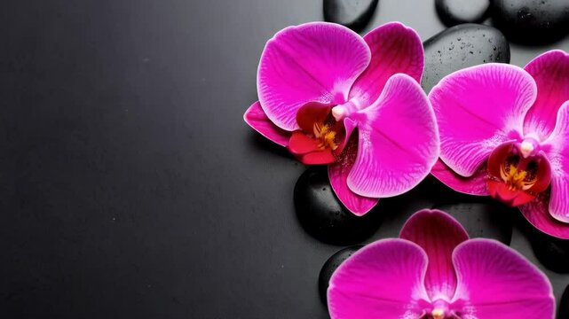 Elegant magenta orchids blossoms and smooth dark stones on a black surface creating a serene spa aromatherapy atmosphere