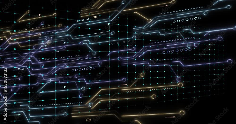 Poster on load neon waveform tracing heartbeat spikes in grid, repeating then fading visualizing data flow