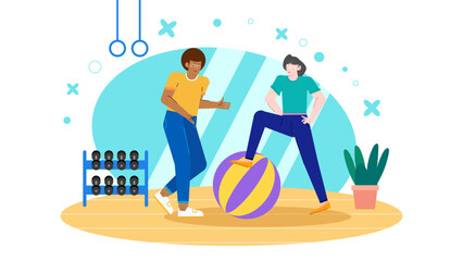 Two people exercise together with a stability ball in a gym, perfect for fitness, workout, gym, motivation, health, lifestyle concepts.