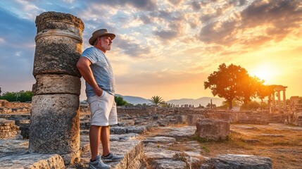 Mature man exploring ancient ruins at sunset. (1)