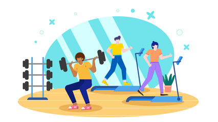 People exercising at a gym with weights and treadmills. Suitable for fitness brochures, websites, and social media content.