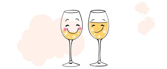 Two giggling wine glasses with wobbly stems & mismatched polka dots, playful sketch,  design,  doodle
