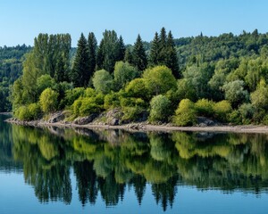 Obraz premium Peaceful lake reflecting lush forest