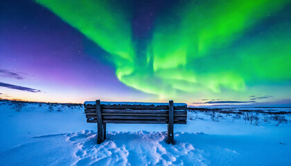 Snowy Winter Bench Under Northern Lights, Starry Night Scene