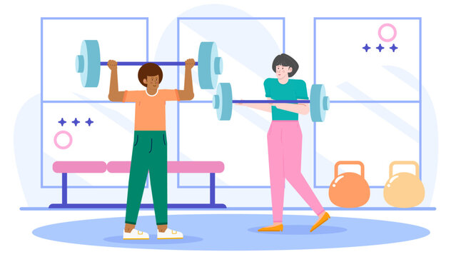 Two people lifting weights in a modern gym, suitable for fitness websites, brochures, social media posts, health magazines.