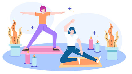 Two women in a yoga session with candles and plants, ideal for wellness, relaxation, mindfulness, selfcare, health related concepts.