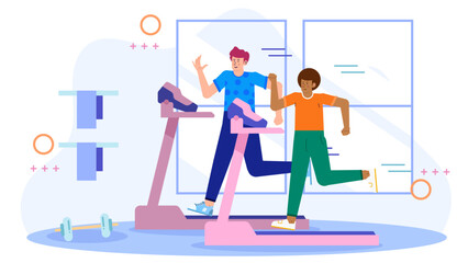 Two men jogging on treadmills, gym setting. Suitable for fitness blogs, gyms advertisements, health magazines, sports related materials, and active lifestyle content.