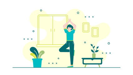 Woman doing yoga indoors near a small table, suitable for lifestyle, health, fitness, relaxation, meditation, and yoga related concepts.