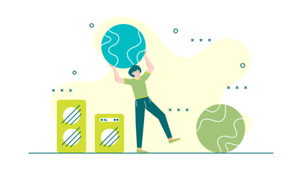 Person lifting globe with speakers and orb, suitable for global technology business concept presentations, website banners, and educational materials.