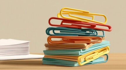 Colorful paperclips stacked on a wooden surface.