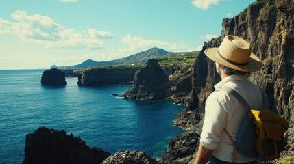 Mature man hiking coastal cliffs, enjoying scenic ocean view.