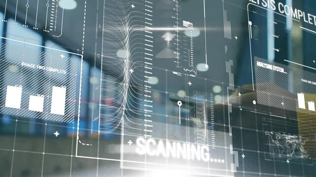 Data analyst initiating scanning interface monitoring animated charts updating IT summary appearing