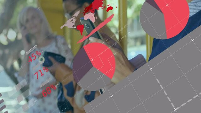 Women at yellow-frame bus shelter technology charts sliding, woman scrolling cell to analyze data