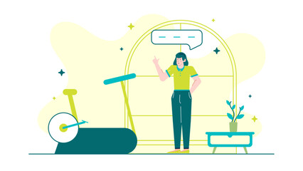 Woman points at exercise bike near plant. Suitable for fitness, gym, active lifestyle, workout motivation, health, exercise equipment content.
