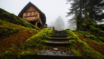 Rustic Asian Wooden House on Misty Hilltop with Moss-Covered Stone Steps
