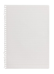 white blank lined notepad paper has a tear on the side. A4 size paper texture on white background with clipping path.
