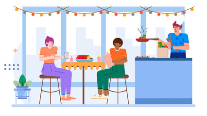 Three friends having a meal, reading a book in a cheerful home. Suitable for promoting leisure, friendship, and cozy living scenes.