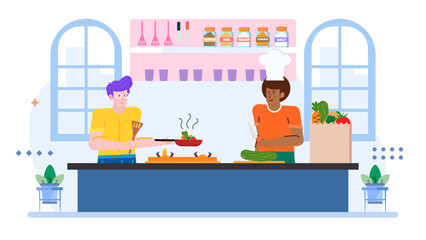 Two chefs cooking vegetables in vibrant kitchen scene. Suitable for food blogs, culinary magazines, restaurant menus, and healthy lifestyle websites.