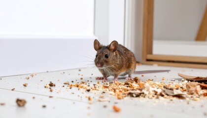 A curious mouse stands on a white floor surrounded by scattered food crumbs