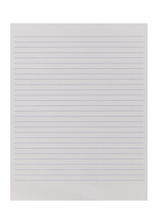 white blank lined notepad paper has a tear on the side. A4 size paper texture on white background with clipping path.
