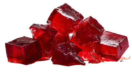 Frozen red crystal cubes isolated on white, resembling sweet cherry hearts
