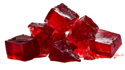 Frozen red crystal cubes isolated on white, resembling sweet cherry hearts