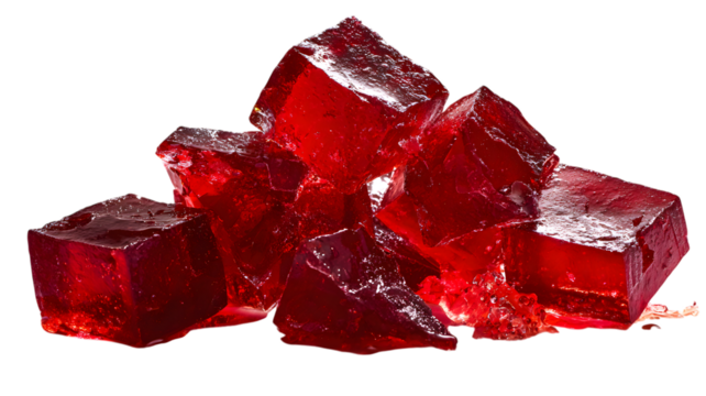 Frozen red crystal cubes isolated on white, resembling sweet cherry hearts - Powered by Adobe