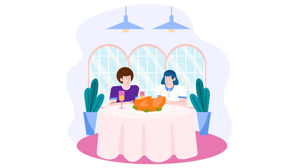 Two people sharing a roasted turkey dinner indoors, ideal for Thanksgiving or holiday dinner concepts in lifestyle and food.