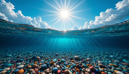 Sunlight Piercing Through Crystal Clear Ocean Waters Illuminating Rocky Seabed
