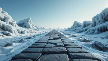 An Endless Icy Path Through Frozen Mountains Under a Clear Sky