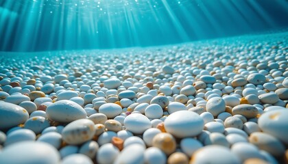 Underwater Scene Sunbeams Light Reflecting on Rocky Seabed Pebbles