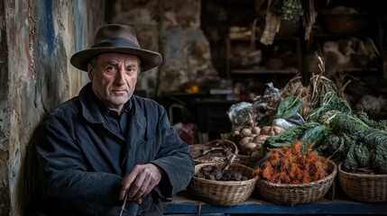 Mature man in a hat sits in front of a rustic market stall filled with fresh produce, herbs, and eggs.