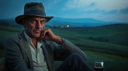 Mature man in a hat sits outdoors at twilight, thoughtful, with a glass of wine, in a picturesque Tuscan landscape.