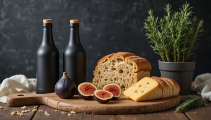 Rustic Appetizer Spread Featuring Fresh Bread Cheese and Figs on a Wooden Board