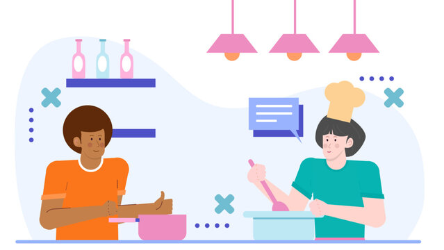 Two people cooking together in a kitchen. Suitable for food blogs, cooking magazines, culinary websites, recipe books, kitchen advertisements.